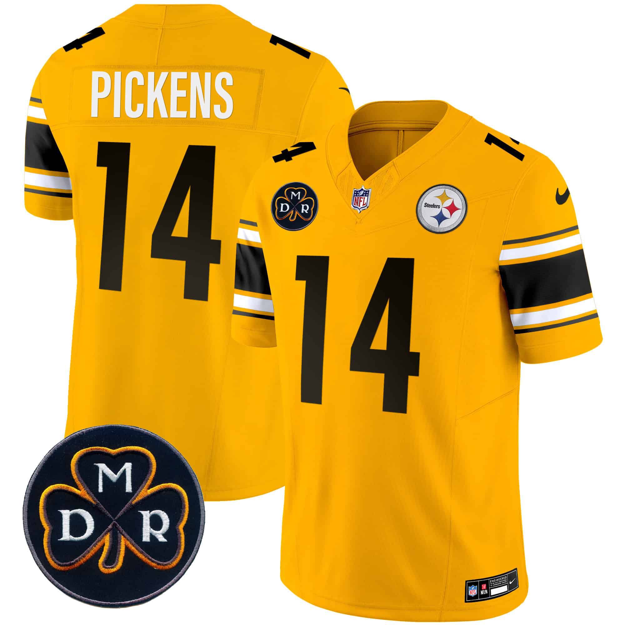 Men Pittsburgh Steelers 14 Pickens Yellow 2024 Nike DMR Patch Vapor Limited NFL Jersey